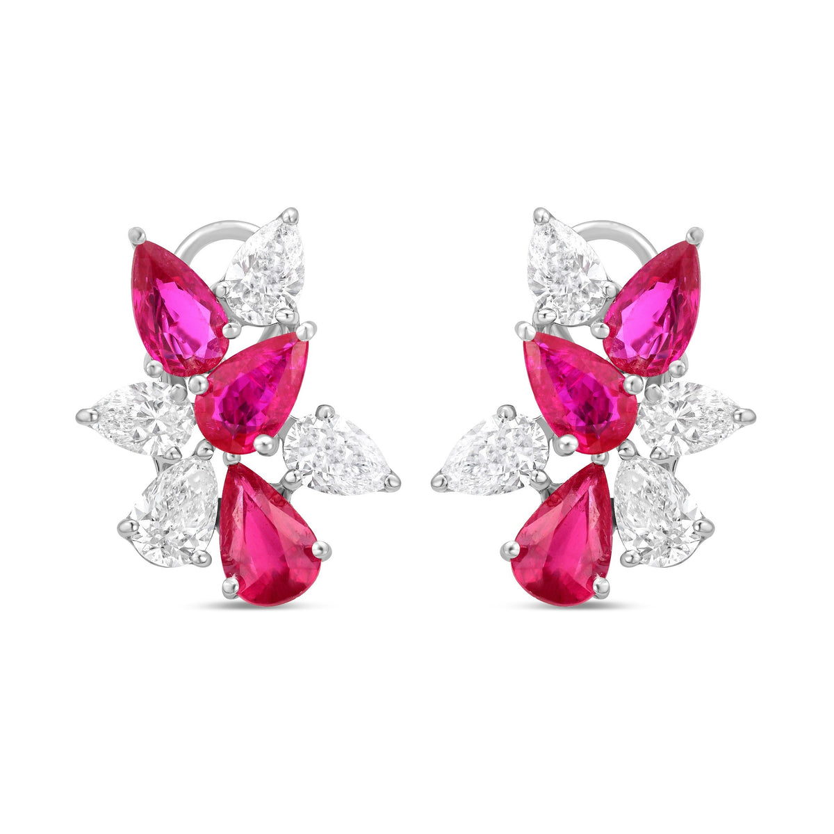 Pair of pear shape ruby and diamond cluster earrings in 18K white gold, 6.20ct rubies and 3.50ct diamonds