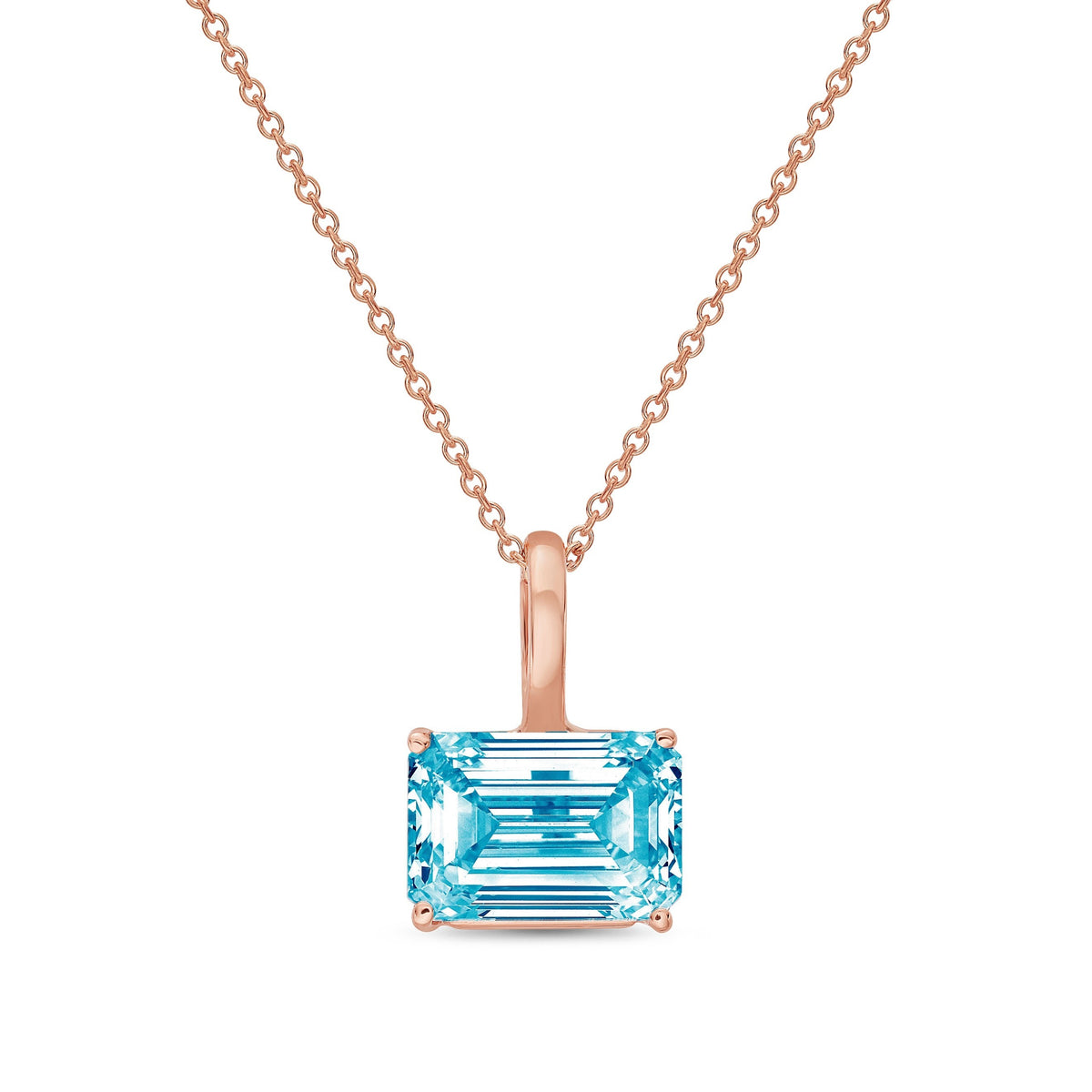 Lab-Grown Blue East-West Emerald Diamond Solitaire Pendant Necklace with Bail, 14K Gold