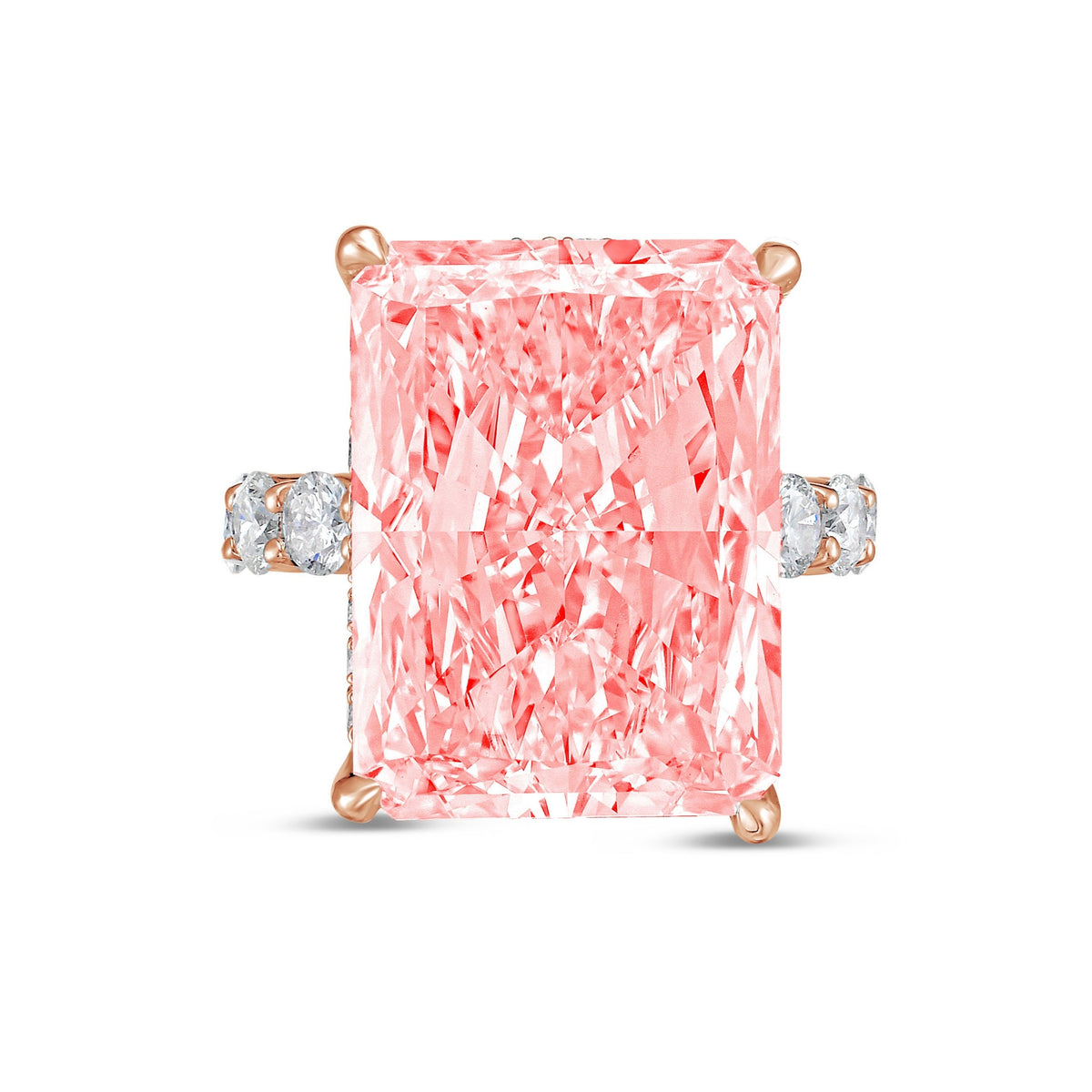 Lab-Grown Pink Radiant Hidden Halo Diamond Ring with Eternity Band, 14K Gold
