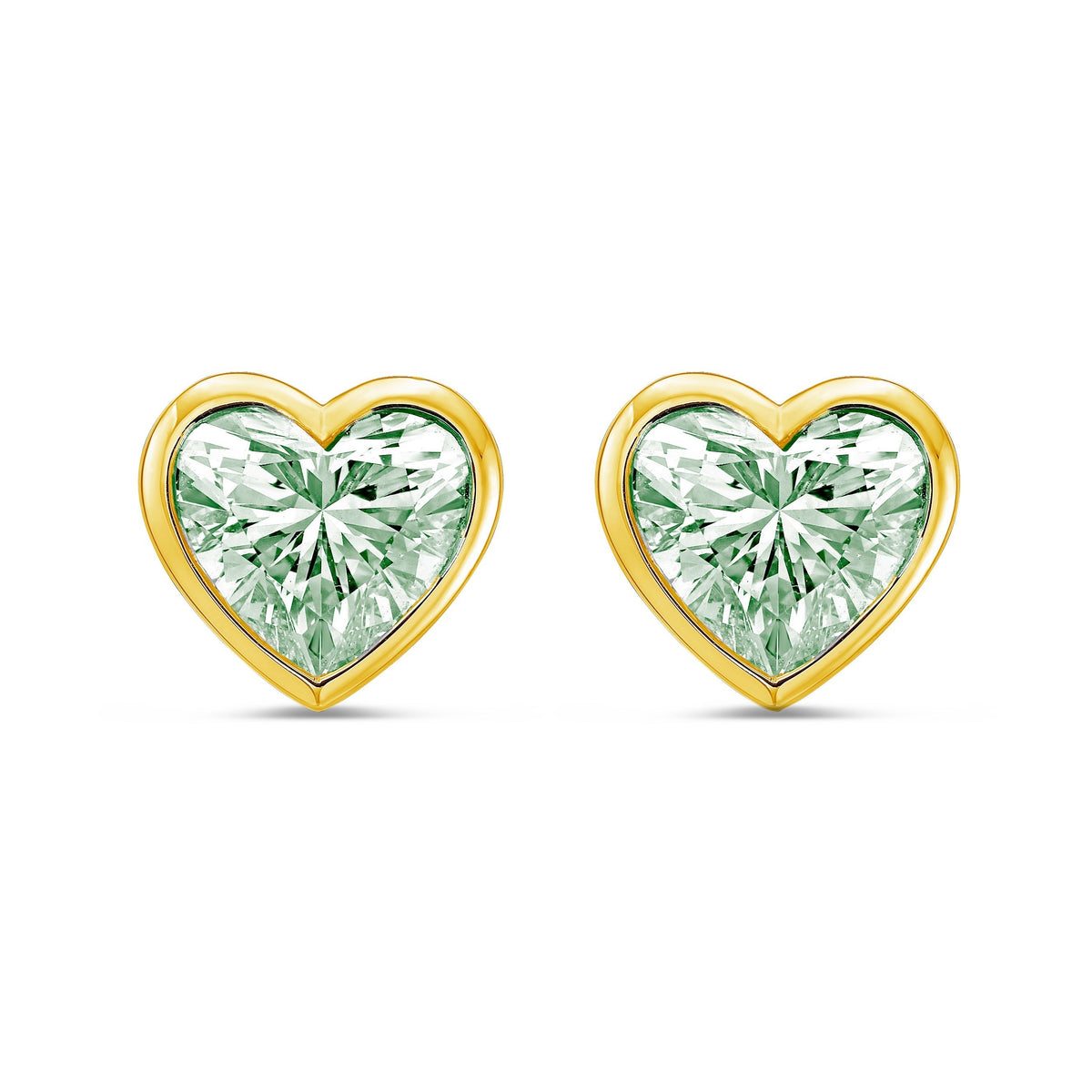 Lab-Grown Green Heart Bezel Diamond Stud Earrings, 14K Gold
