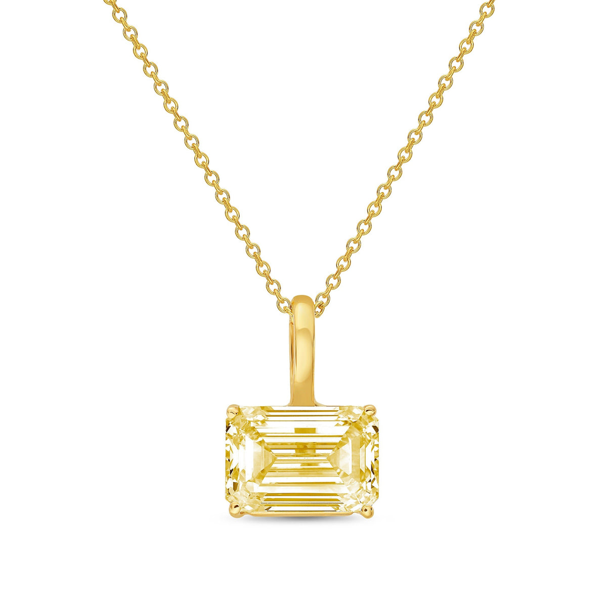 Lab-Grown Yellow East-West Emerald Diamond Solitaire Pendant Necklace with Bail, 14K Gold