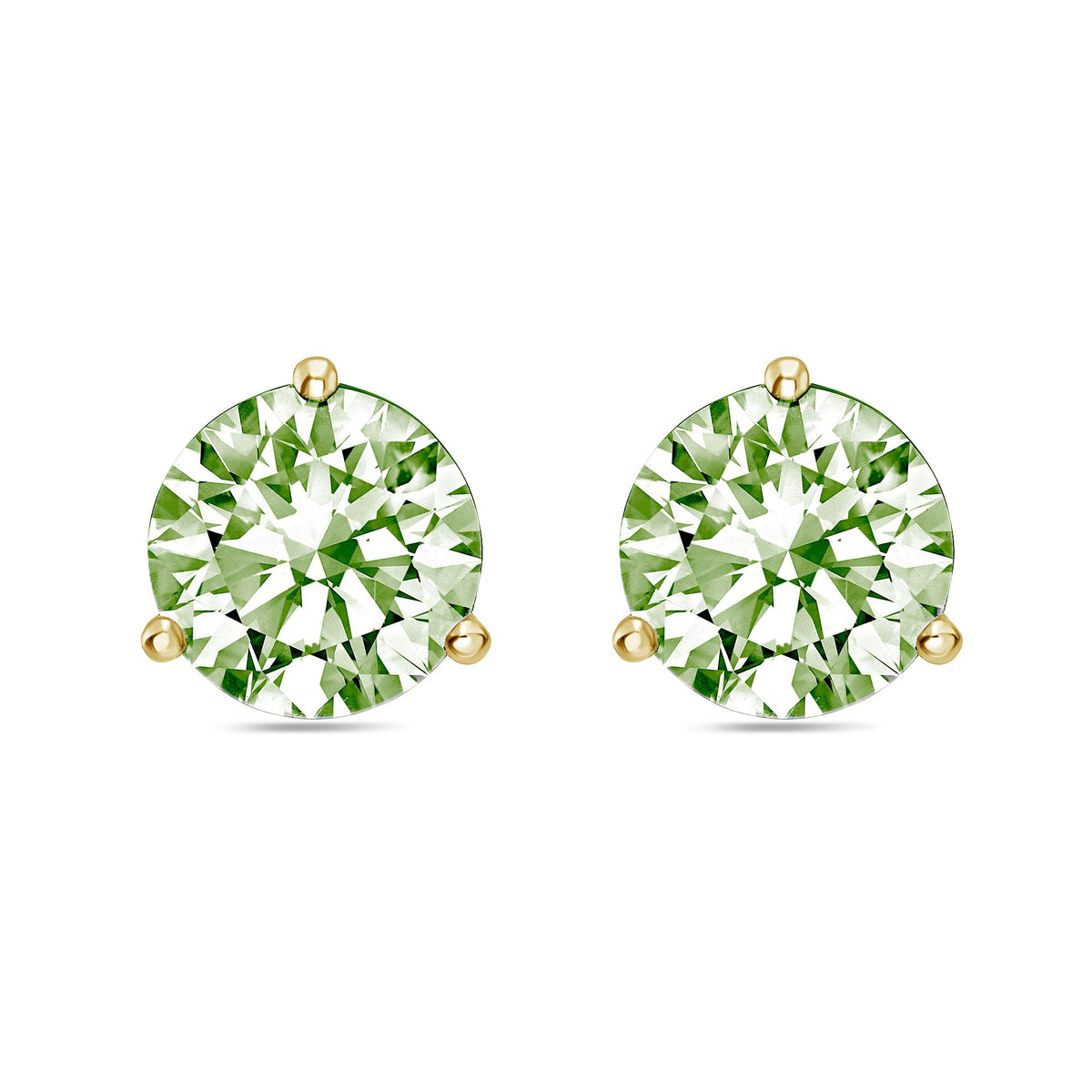 Lab-Grown Green Round Diamond Martini Stud Earrings, 3-Prong, 14K Gold