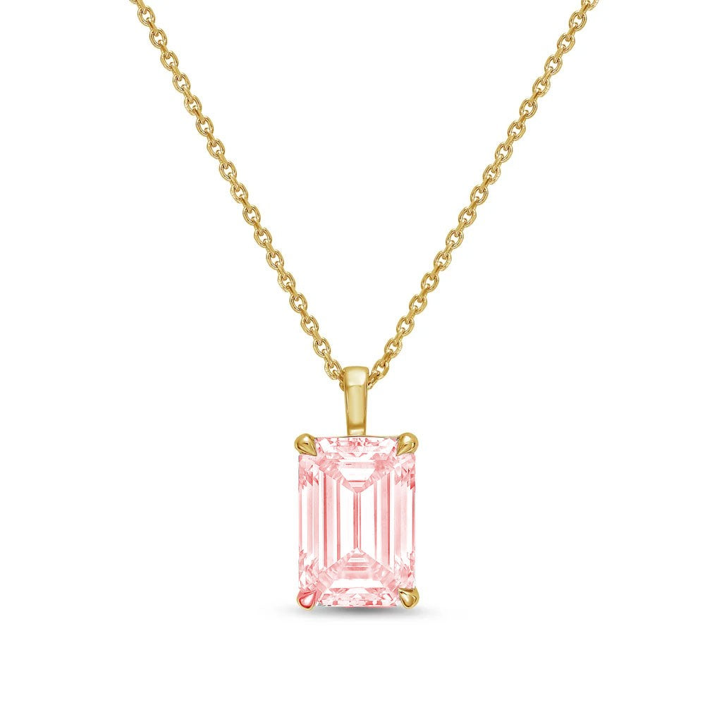 Lab-Grown Pink North-South Emerald Diamond Solitaire Pendant Necklace with Bail, 14K Gold