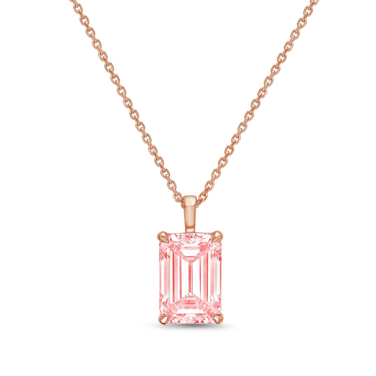 Lab-Grown Pink North-South Emerald Diamond Solitaire Pendant Necklace with Bail, 14K Gold