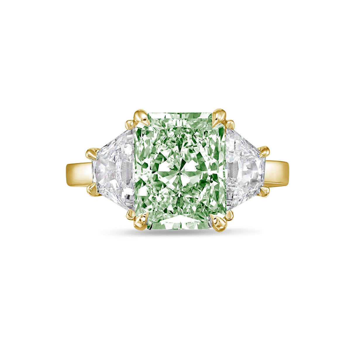 Lab-Grown Green Radiant Three-Stone Engagement Ring with Trapezoids, 14K Gold