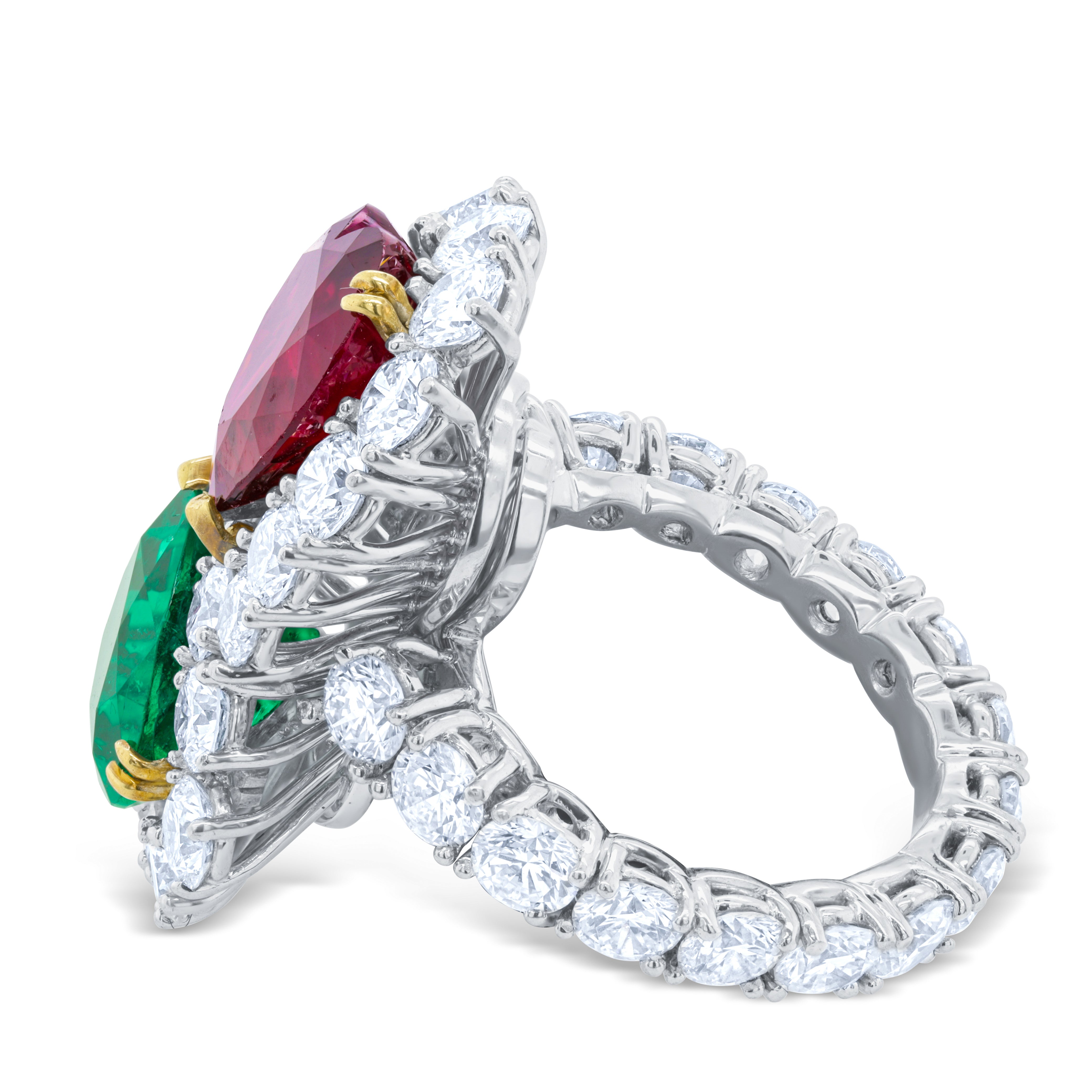 Platinum emerald and ruby heart diamond ring, dual-heart design fine jewelry