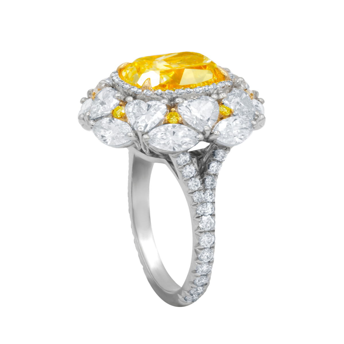 Platinum fancy yellow diamond engagement ring, 10.10 carats total weight