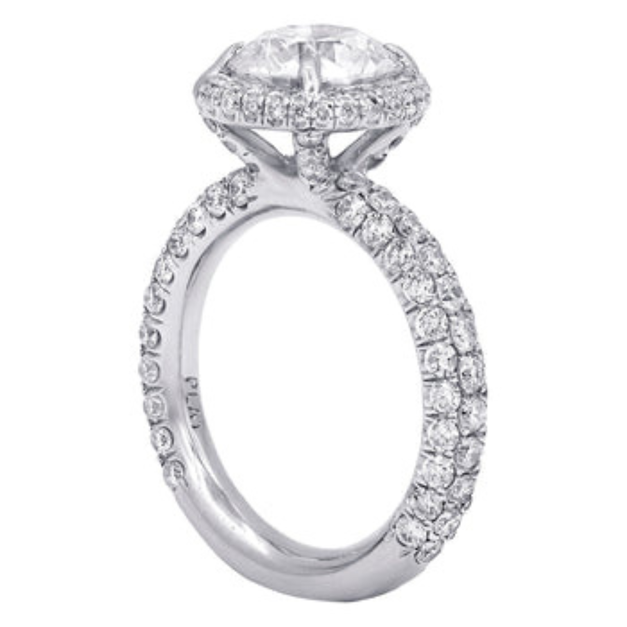 Platinum round halo diamond engagement ring with pavé band