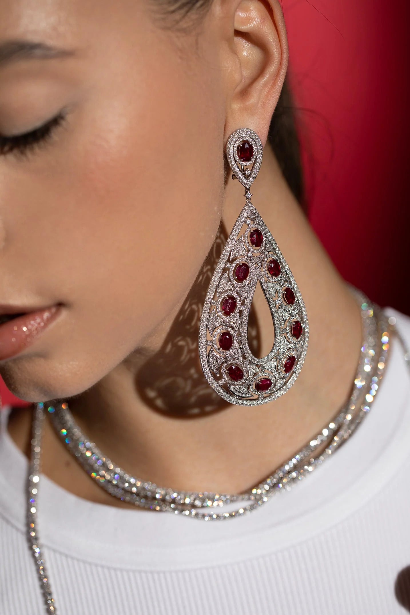 Ruby and Diamond Tear Drop Earring