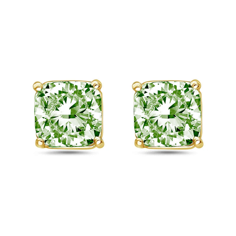 Lab-Grown Green Cushion Diamond Stud Earrings, 4-Prong, 14K Gold