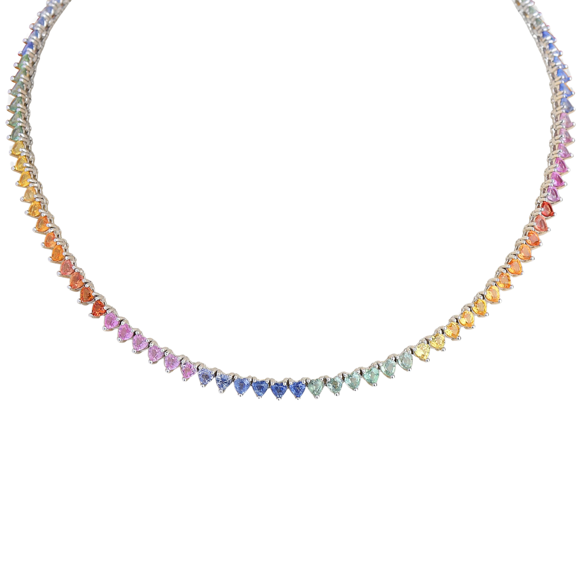18kt White Gold Rainbow Heart Tennis Necklace