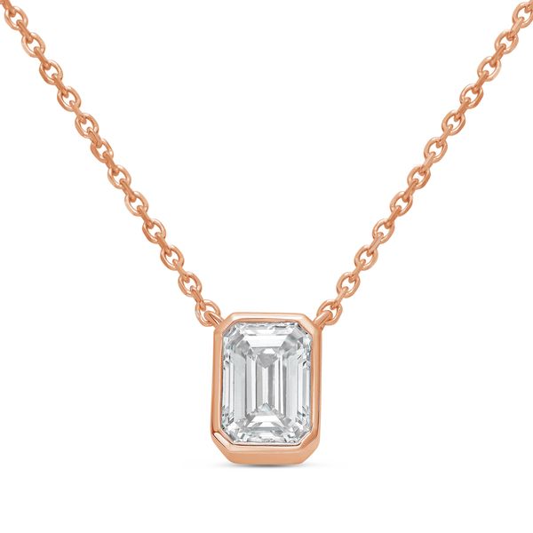 Rose gold necklace with a diamond pendant on a white background