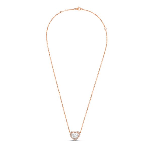 Rose gold necklace with a heart-shaped pendant on a white background