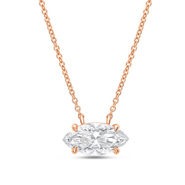 Rose gold necklace with a marquise-shaped diamond pendant on a white background