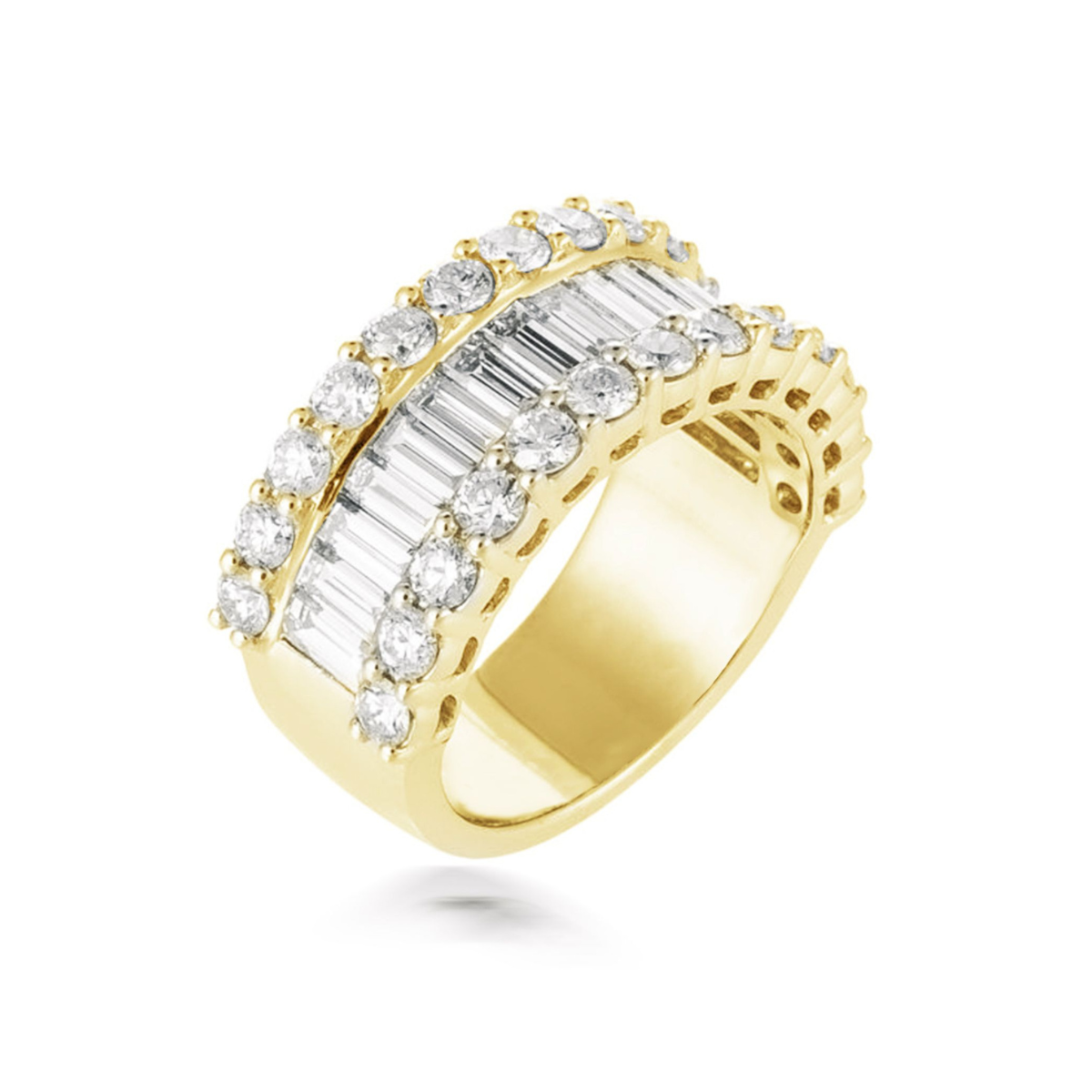 Round Brilliant and Baguette Cut Three Row Diamond Band