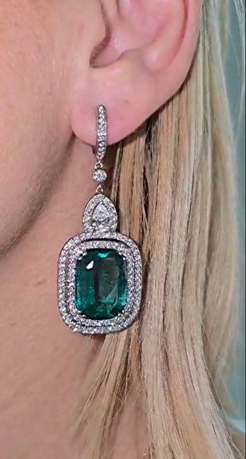 Double Halo Emerald Drop Earring