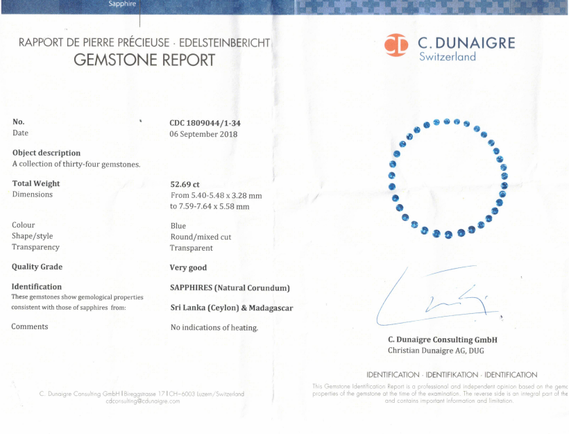 Certification document with a blue circle graphic, likely related to gemstone certification, on a white background.