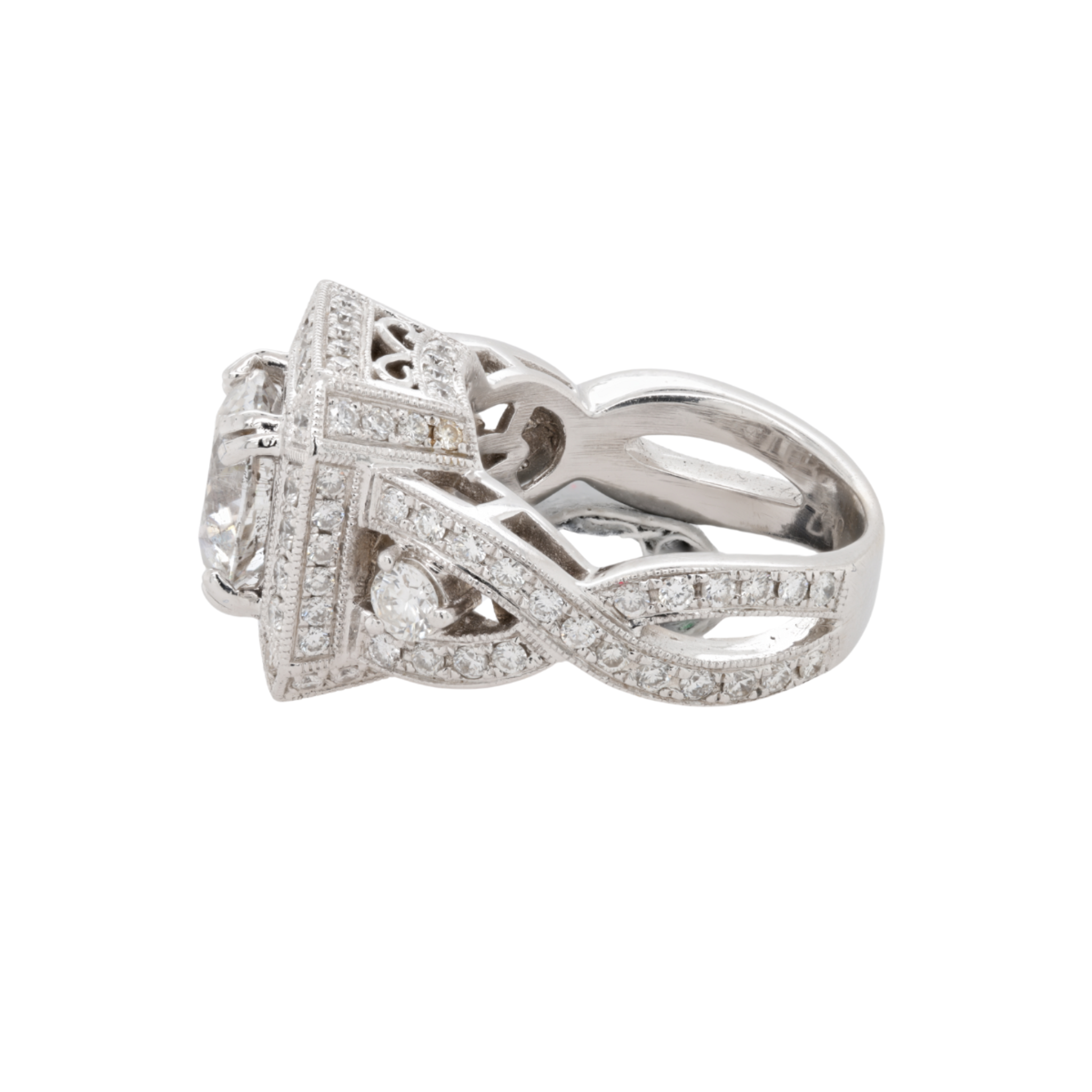 Square filigree setting round diamond engagement ring