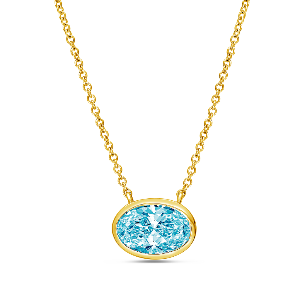 Lab-Grown Blue East-West Oval Diamond Bezel Pendant, 14K Gold