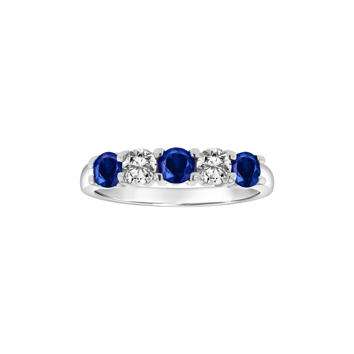 Stackable white gold eternity band with round diamonds and mixed gemstones, halfway around design
