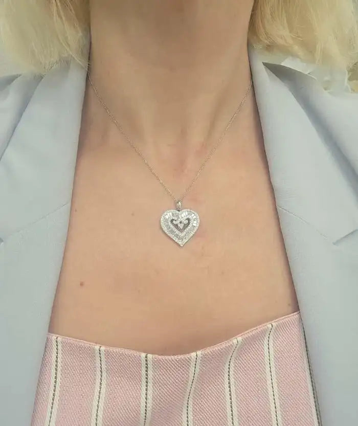 Round and Baguette Diamond Heart Pendant