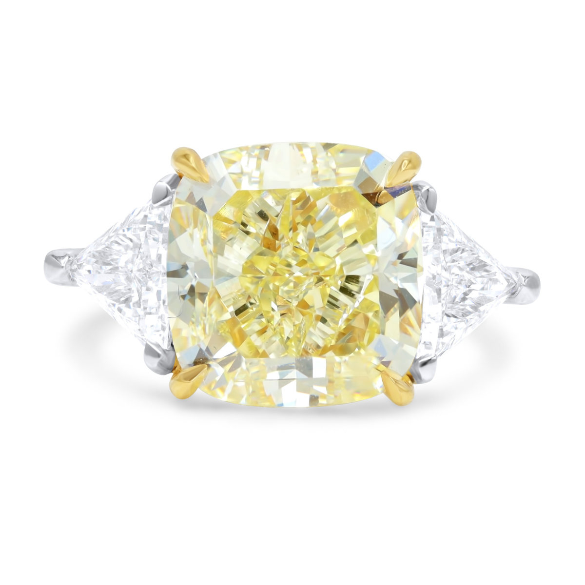 Three-Stone Fancy Yellow Cushion Cut Diamond Ring