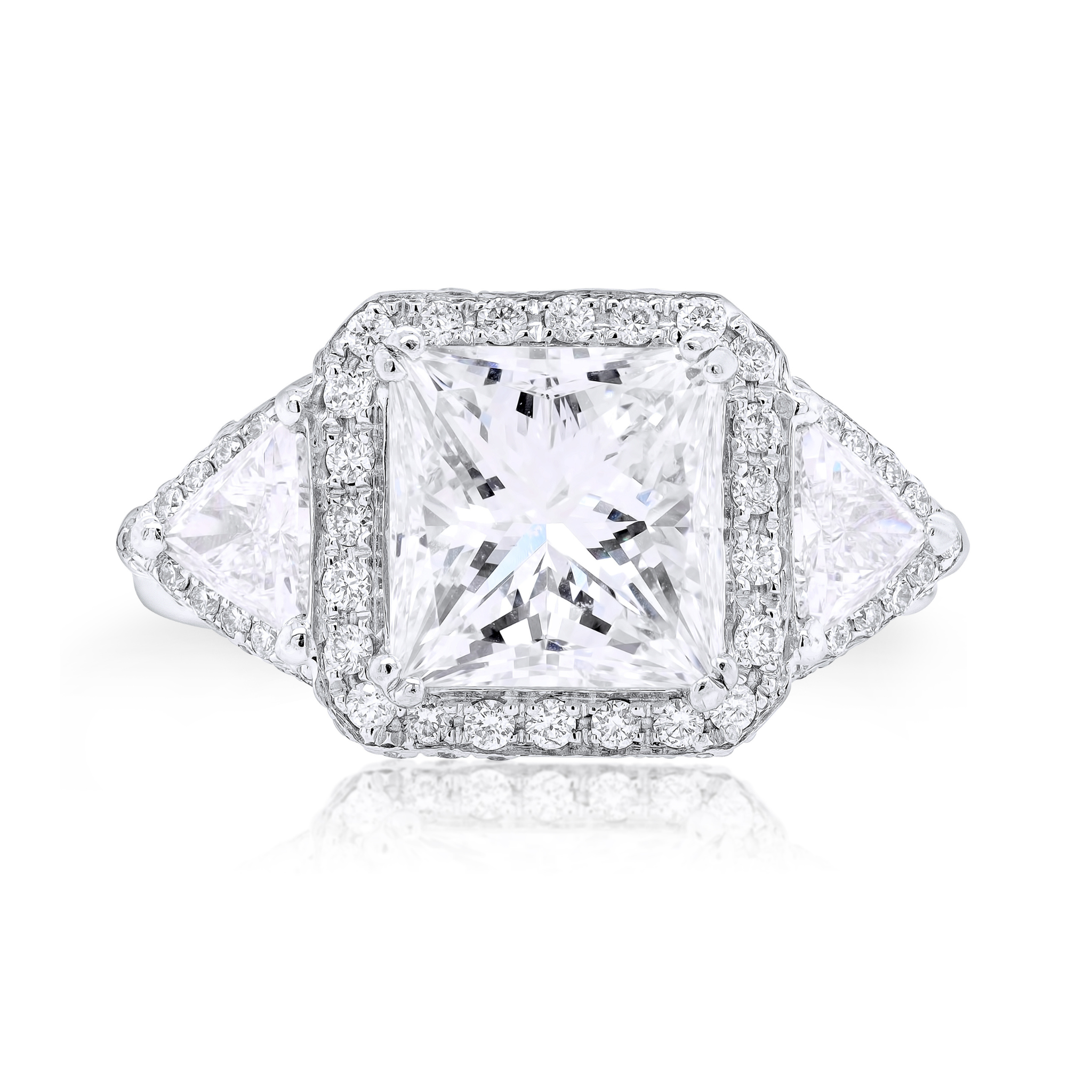 Three-Stone Halo Princess With Side Rounds Diamond Ring