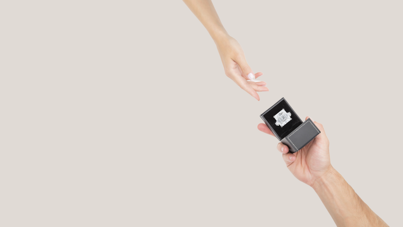Proposal Three stone ascher cut ring in box