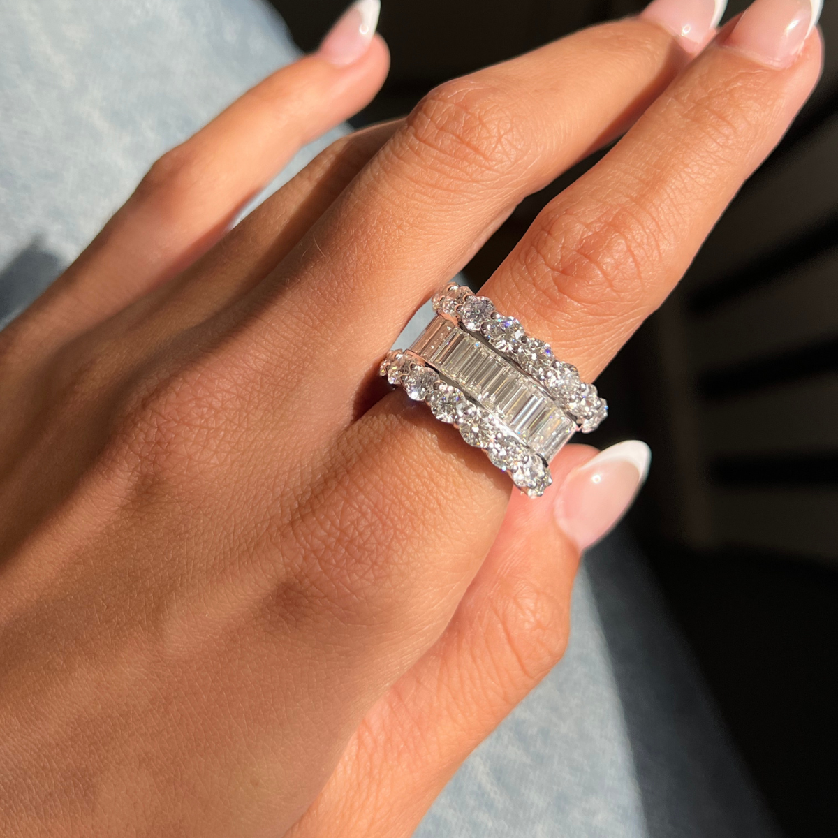 14ct Three Row Baguette and Round Diamond Band