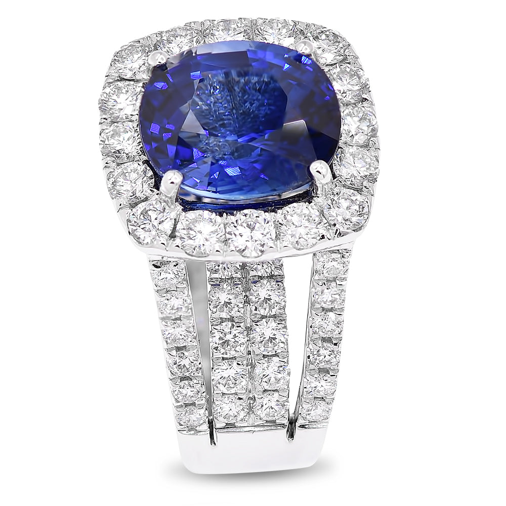 White gold sapphire and diamond statement ring with 91 diamonds around the center stone