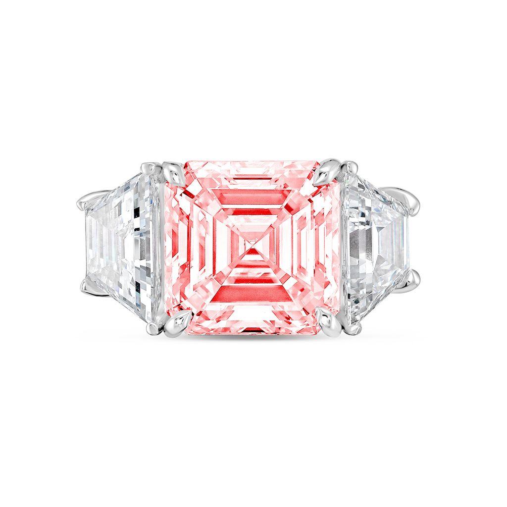Lab-Grown Pink Asscher Diamond Ring with Trapezoids, 14K Gold