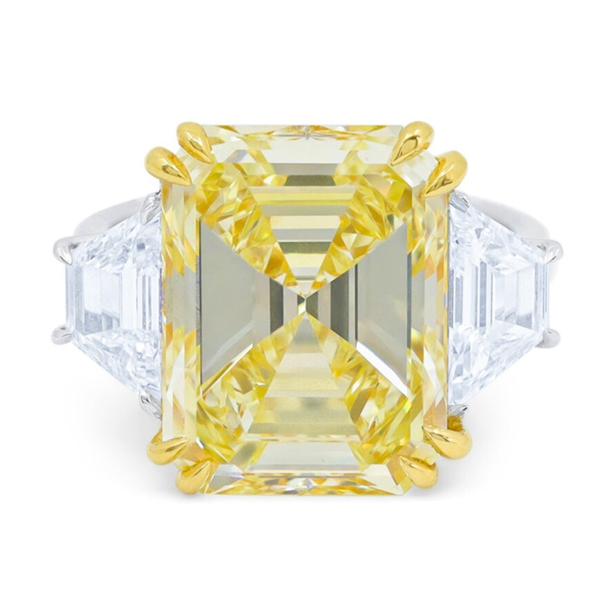 Yellow Emerald Cut With Side Trapezoid Diamonds Ring