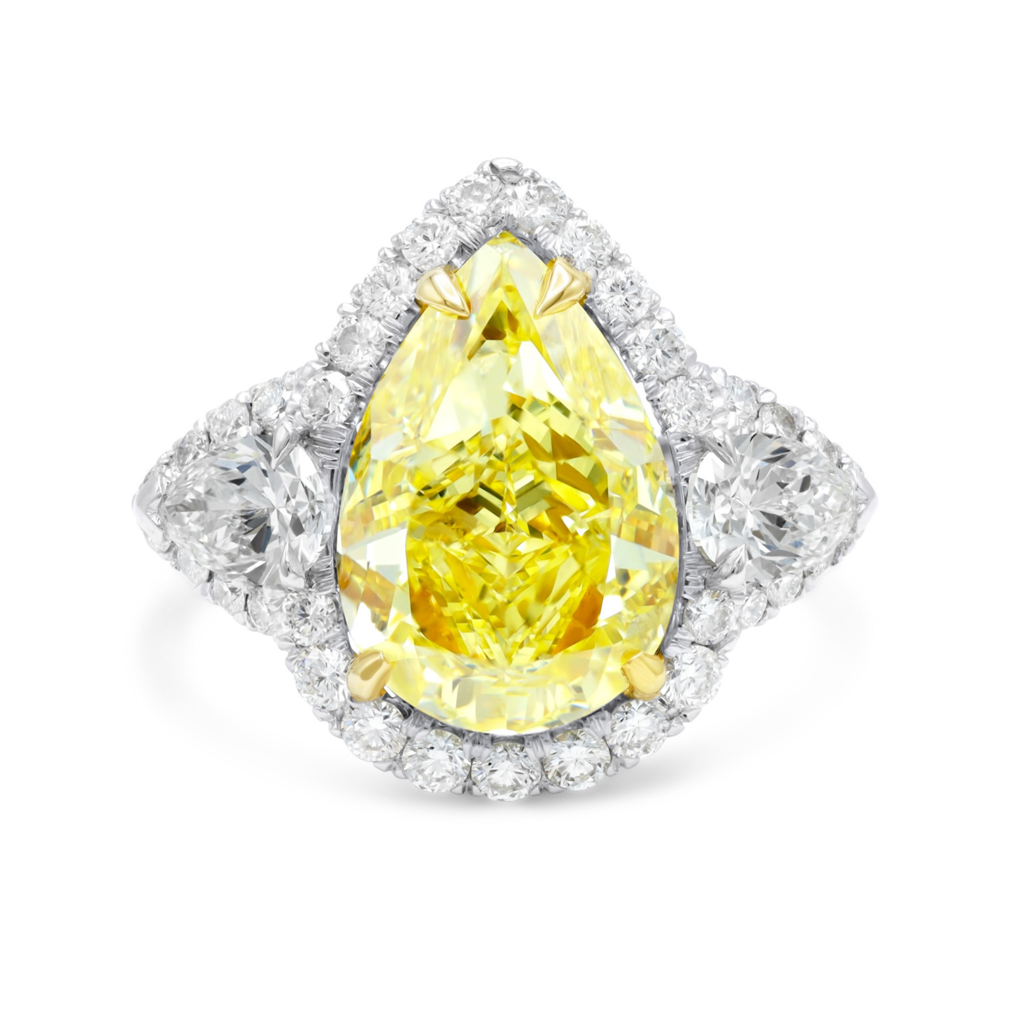 Yellow Pear Shaped With Side Round Diamonds Ring