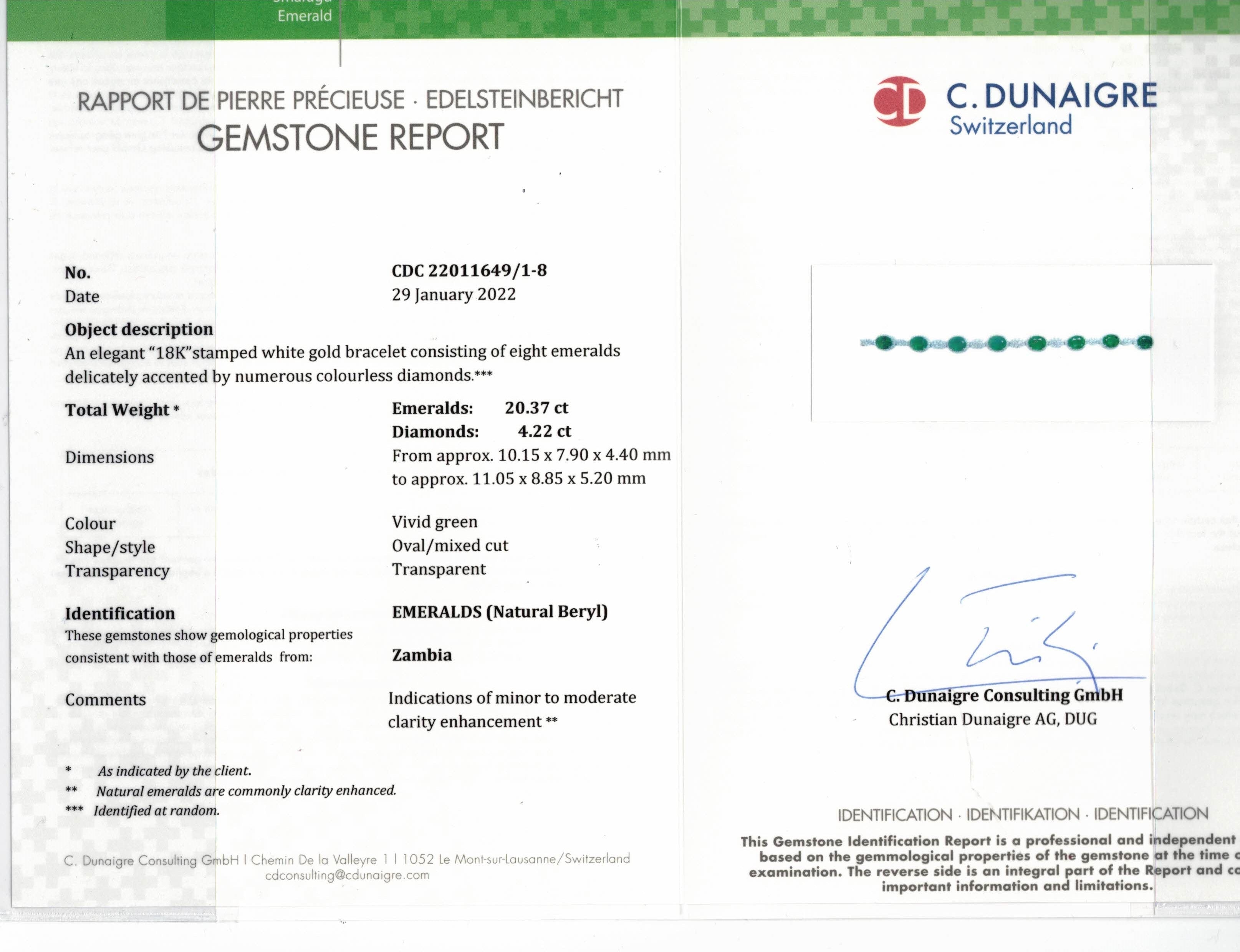 Dunaigre gemstone report with certification details on a white background
