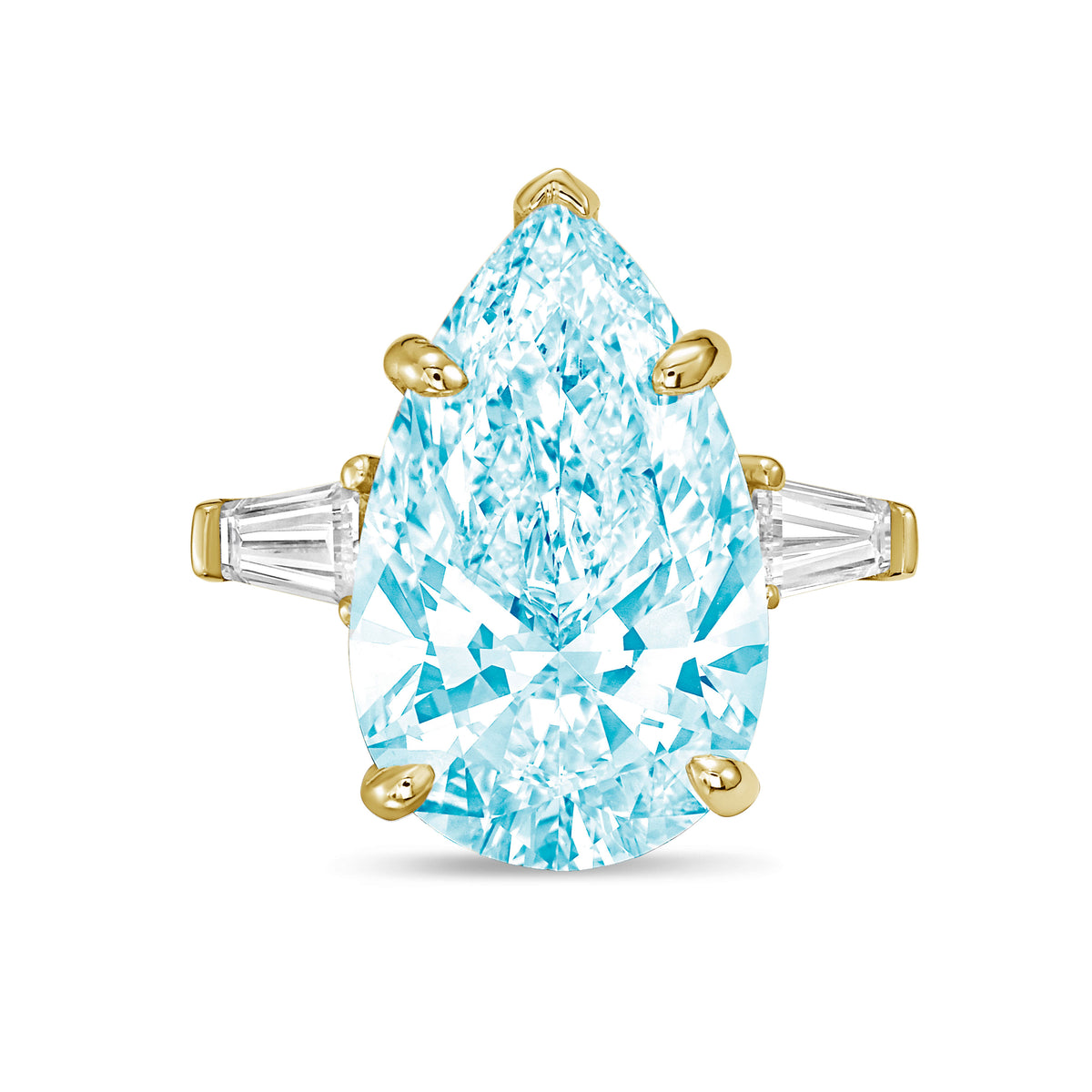 Lab-Grown Blue Pear Diamond Ring with Baguettes, 14K Gold