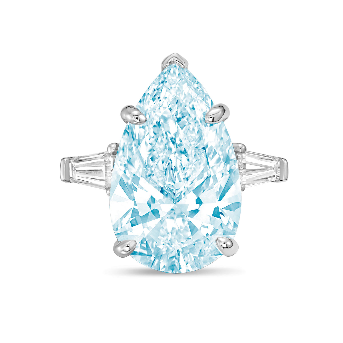 Lab-Grown Blue Pear Diamond Ring with Baguettes, 14K Gold