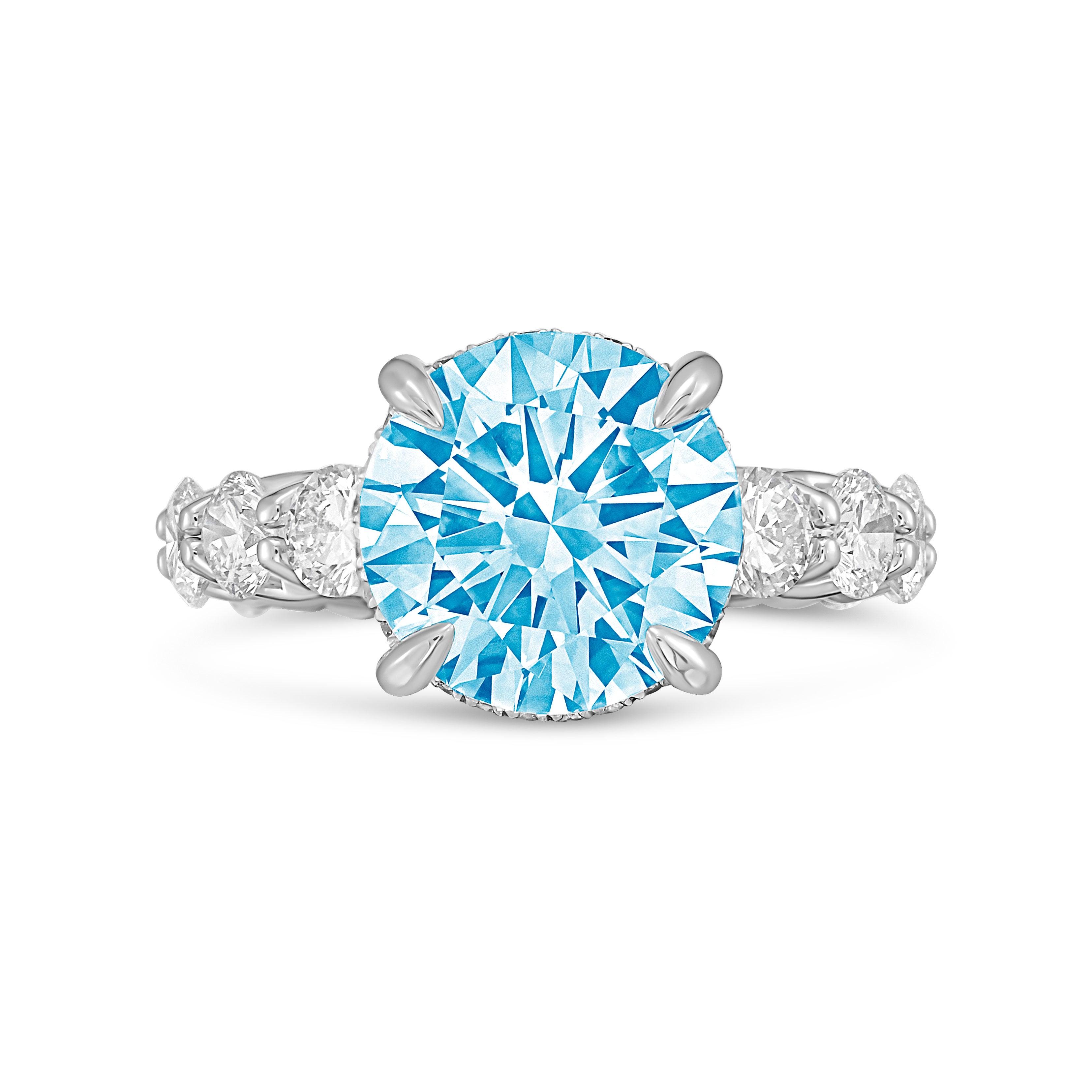 Lab-Grown Blue Round Diamond Hidden Halo Ring with Pavé Band, 14K Gold