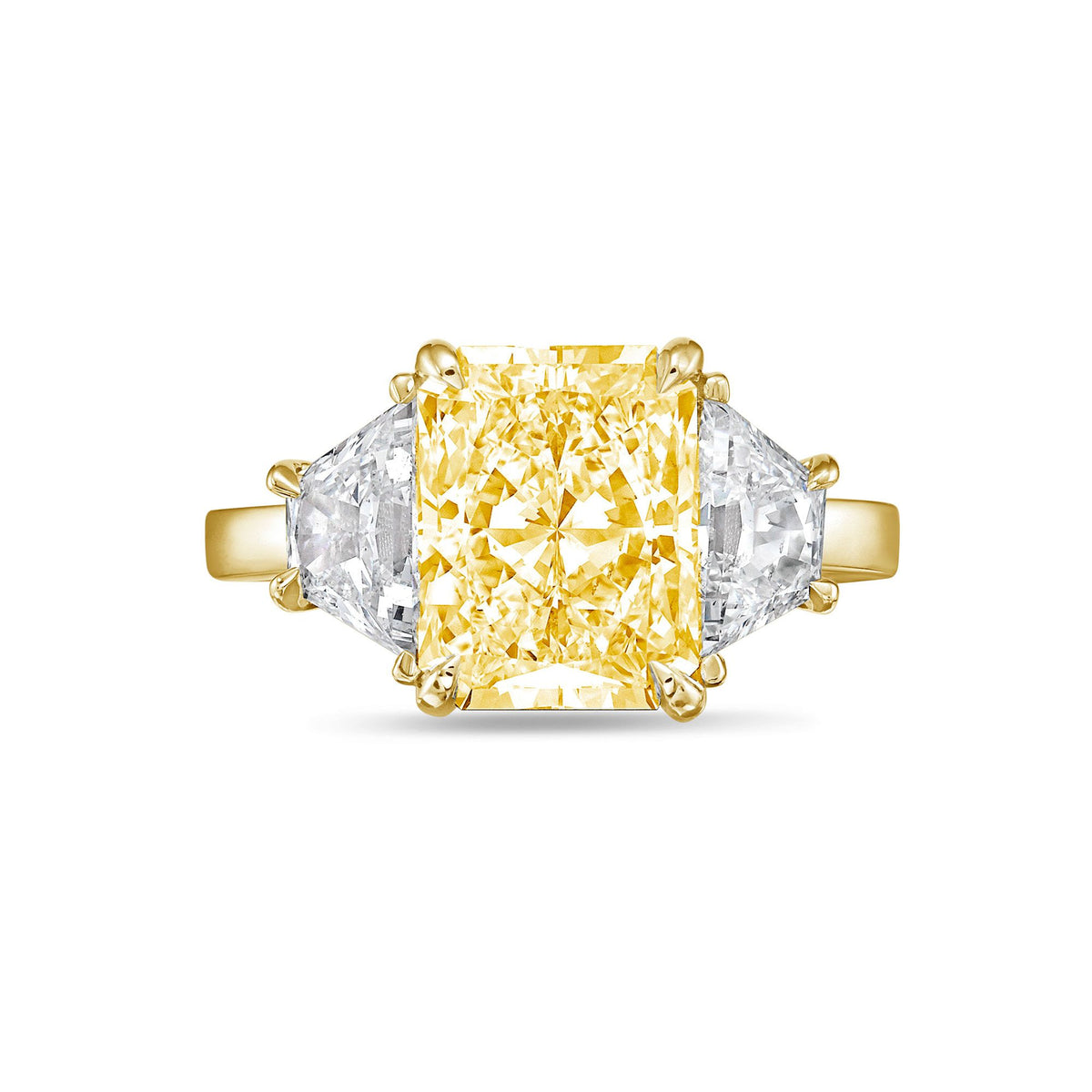 Lab-Grown Yellow Radiant Three-Stone Engagement Ring with Trapezoids, 14K Gold