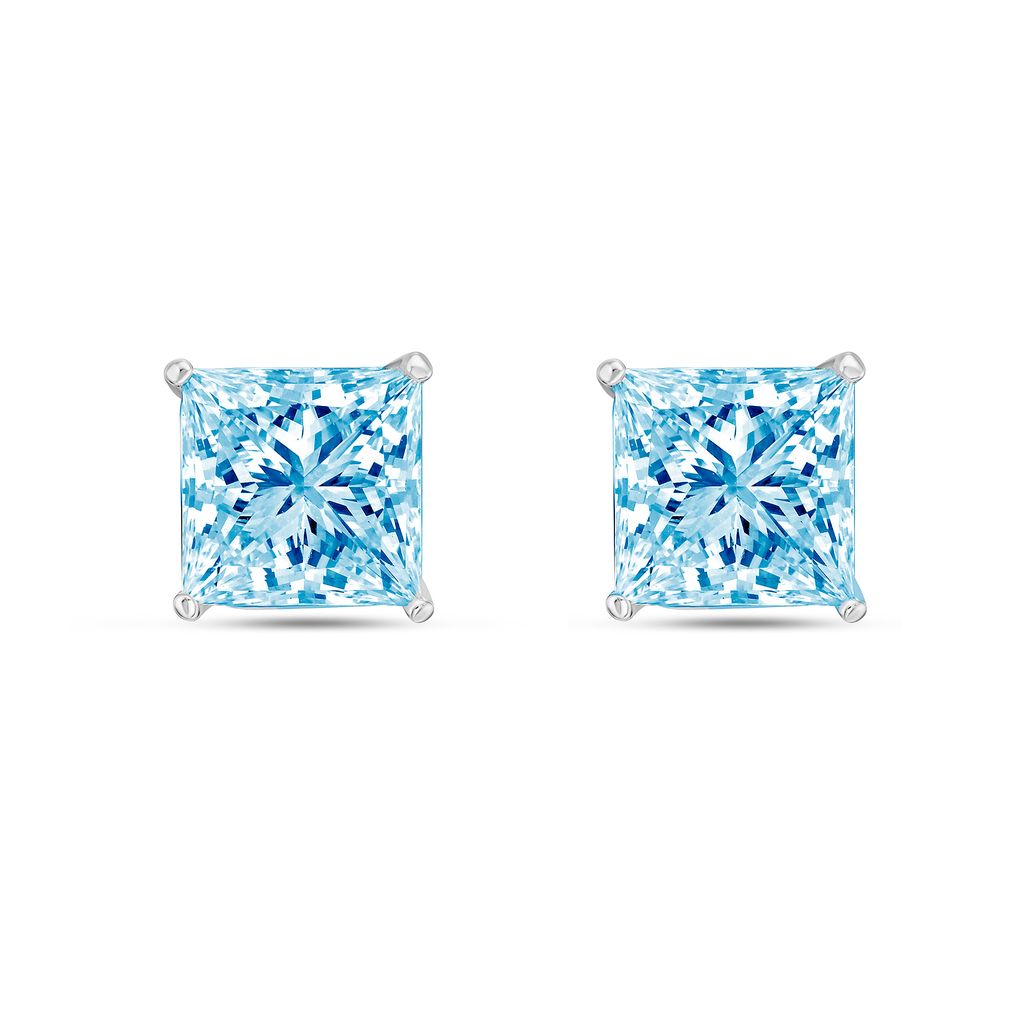 Lab-Grown Blue Princess Cut Diamond Stud Earrings, 4-Prong, 14K Gold