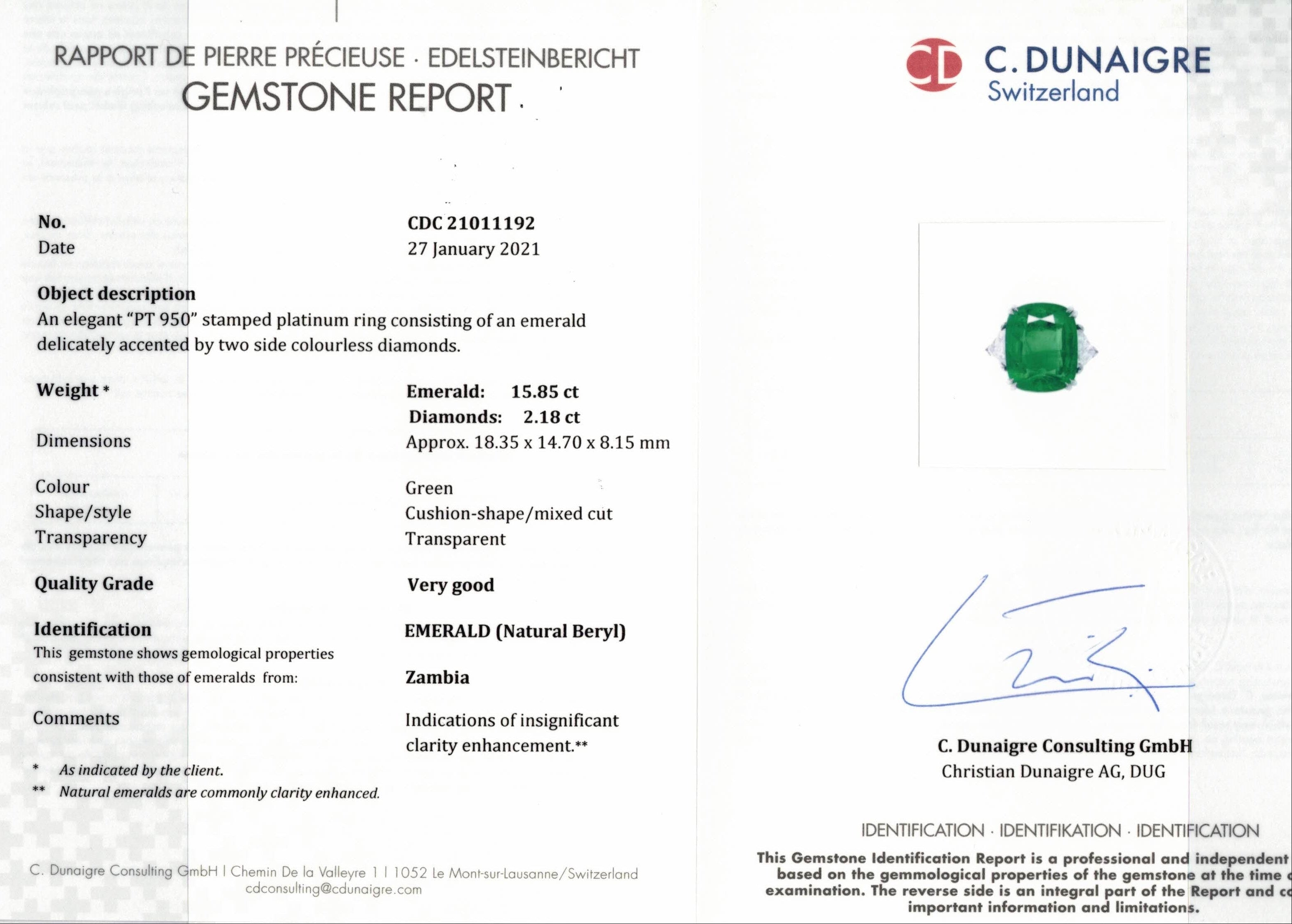 Gemstone report with C. Dunagre logo on a white background