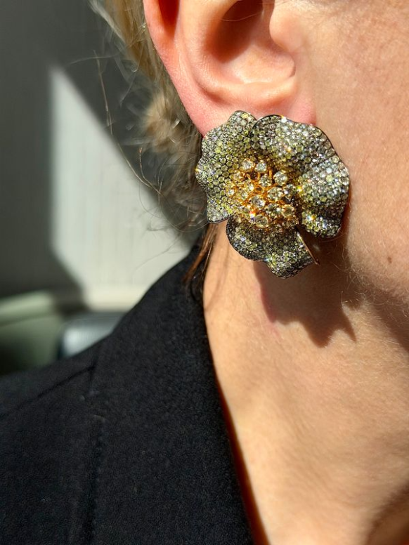 19ct Rhodium Yellow Diamond Flower Earrings
