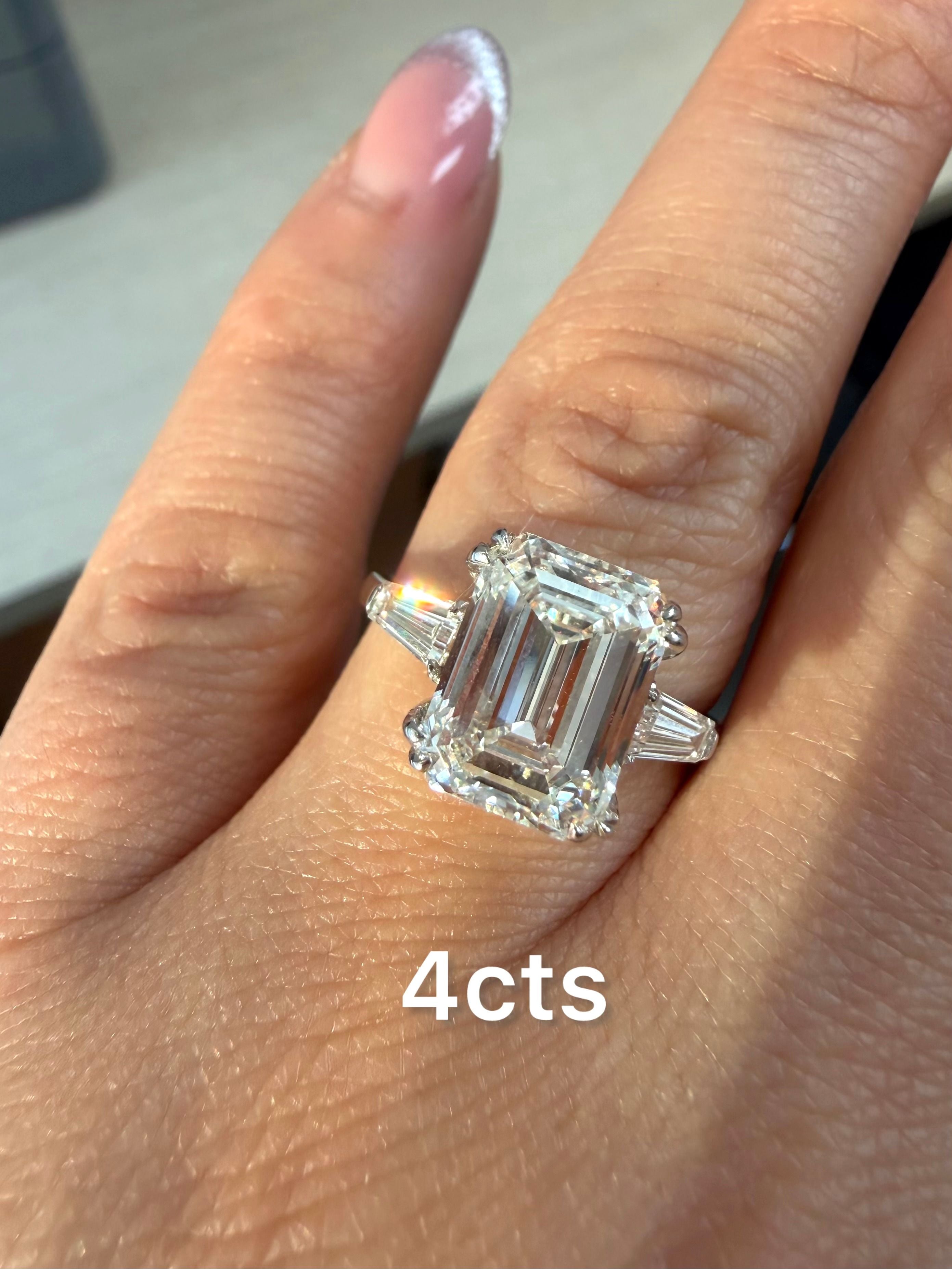 Lab Grown Emerald Cut Ring with Baguettes & Double Claw
