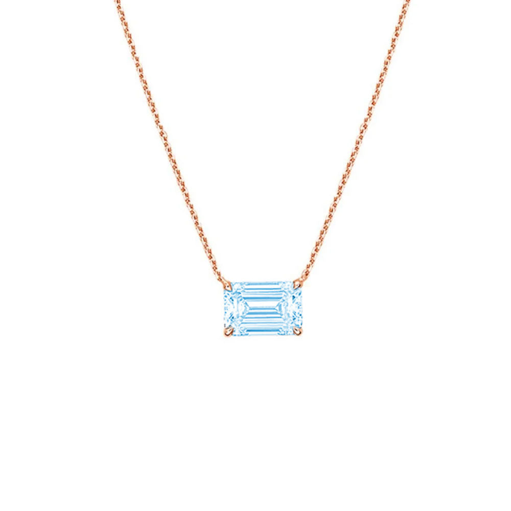 Lab-Grown Blue Emerald-Cut East-West Diamond Solitaire Pendant, 14k Gold