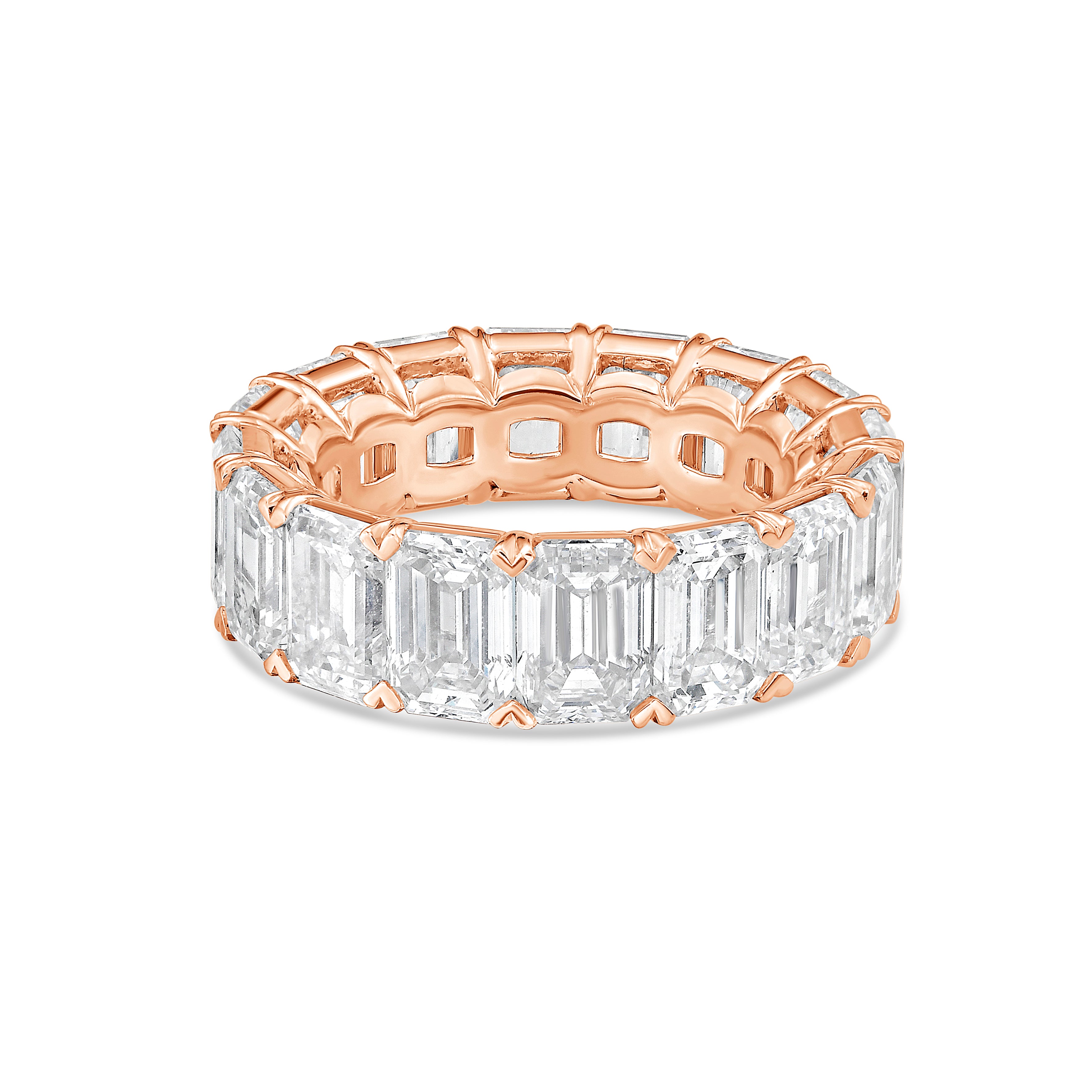 Lab-grown emerald cut diamond eternity band shown in 14k rose gold