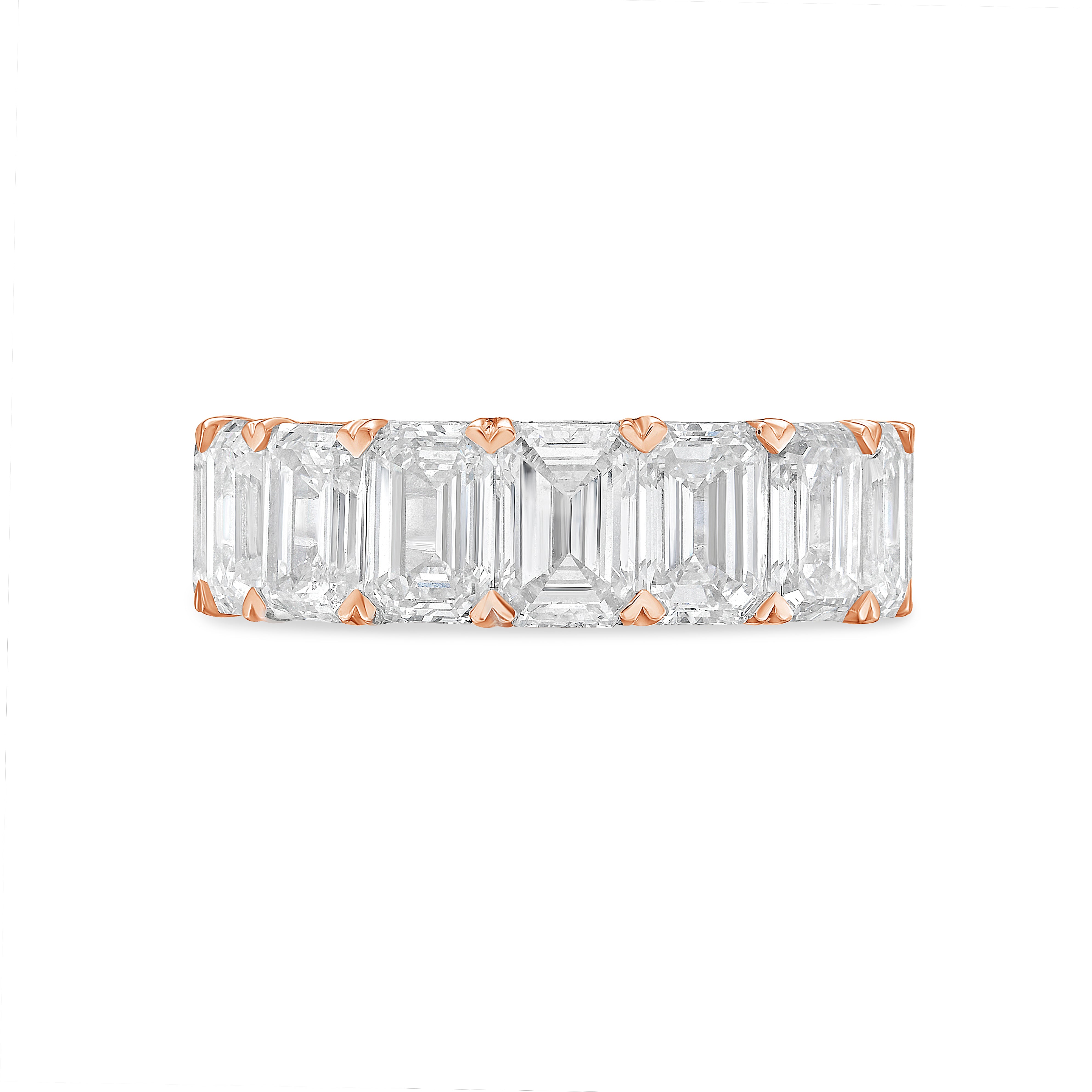 Lab-grown emerald cut diamond eternity band shown in 14k rose gold front facing