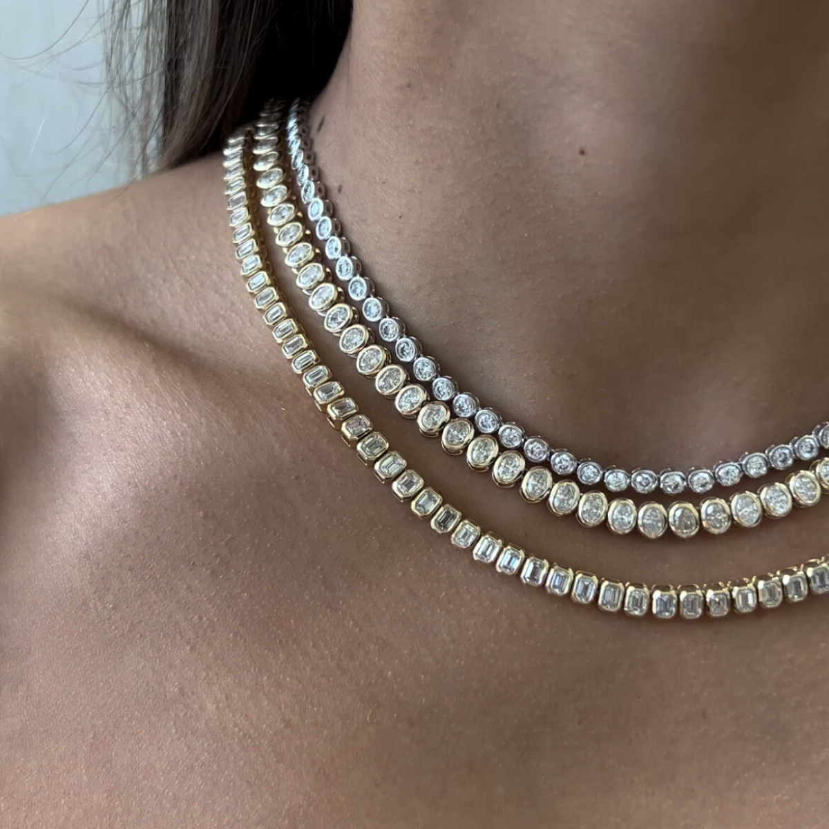 emerald cut bezel diamond necklace