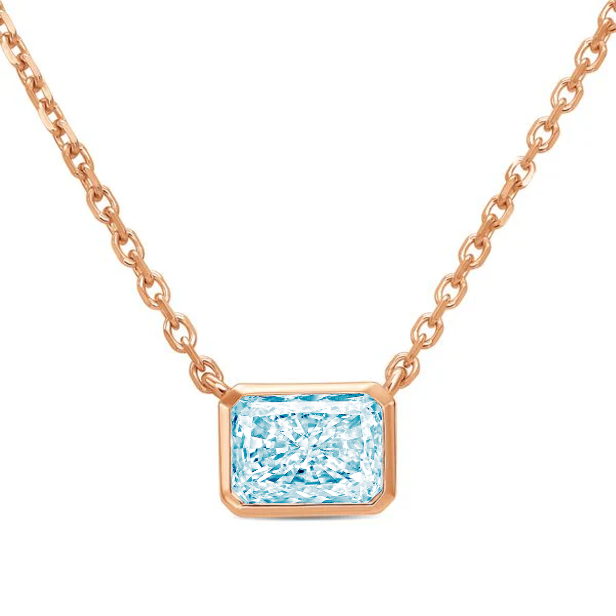 Lab-Grown Blue Radiant Cut Diamond Bezel Pendant, 14K Gold