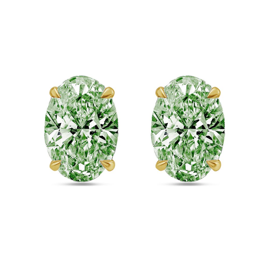 Lab-Grown Green Oval Diamond Stud Earrings, 4-Prong, 14K Gold