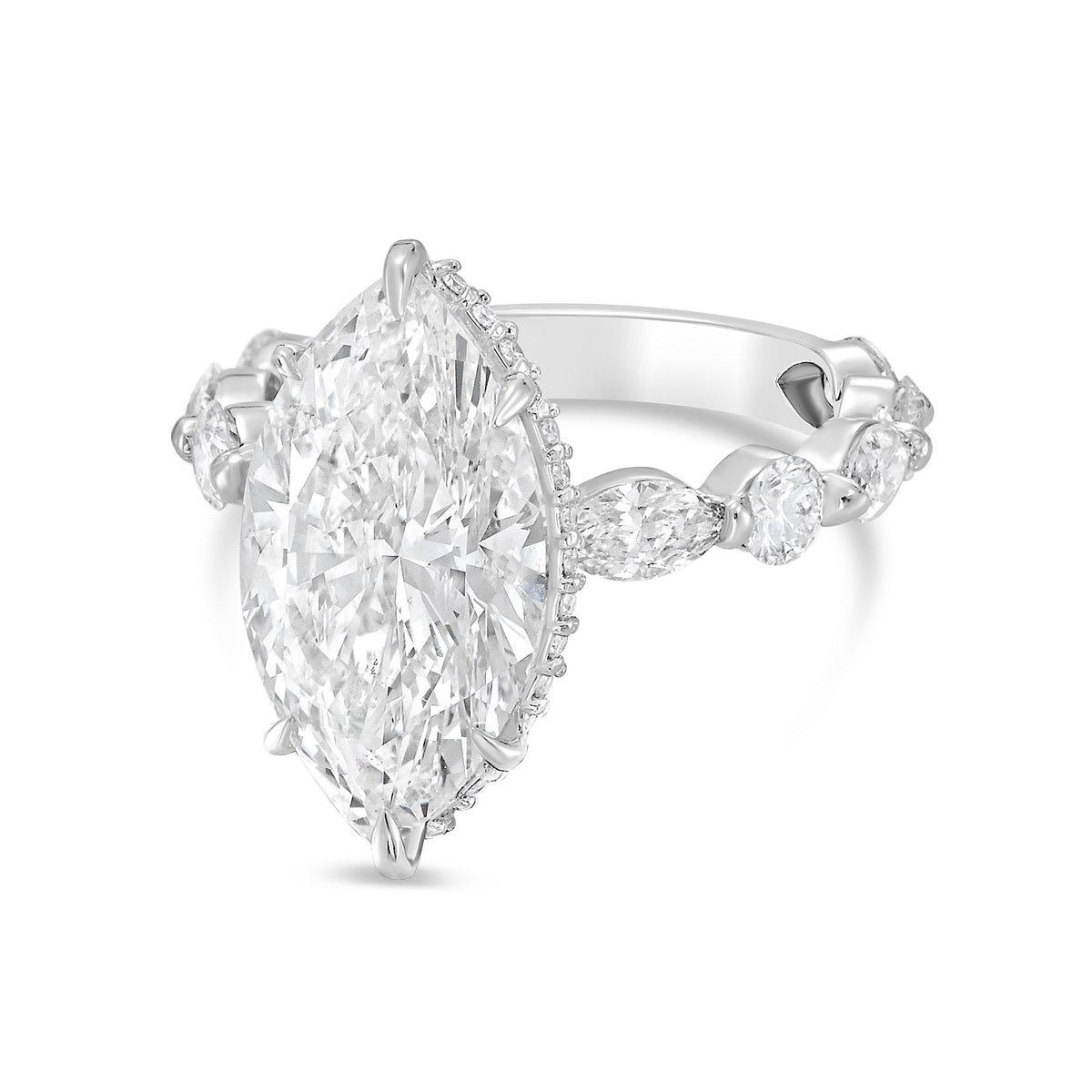 Lab-Grown Marquise Diamond Engagement Ring with Multi-Shaped Side Stone Band and Hidden Halo, 14K Gold