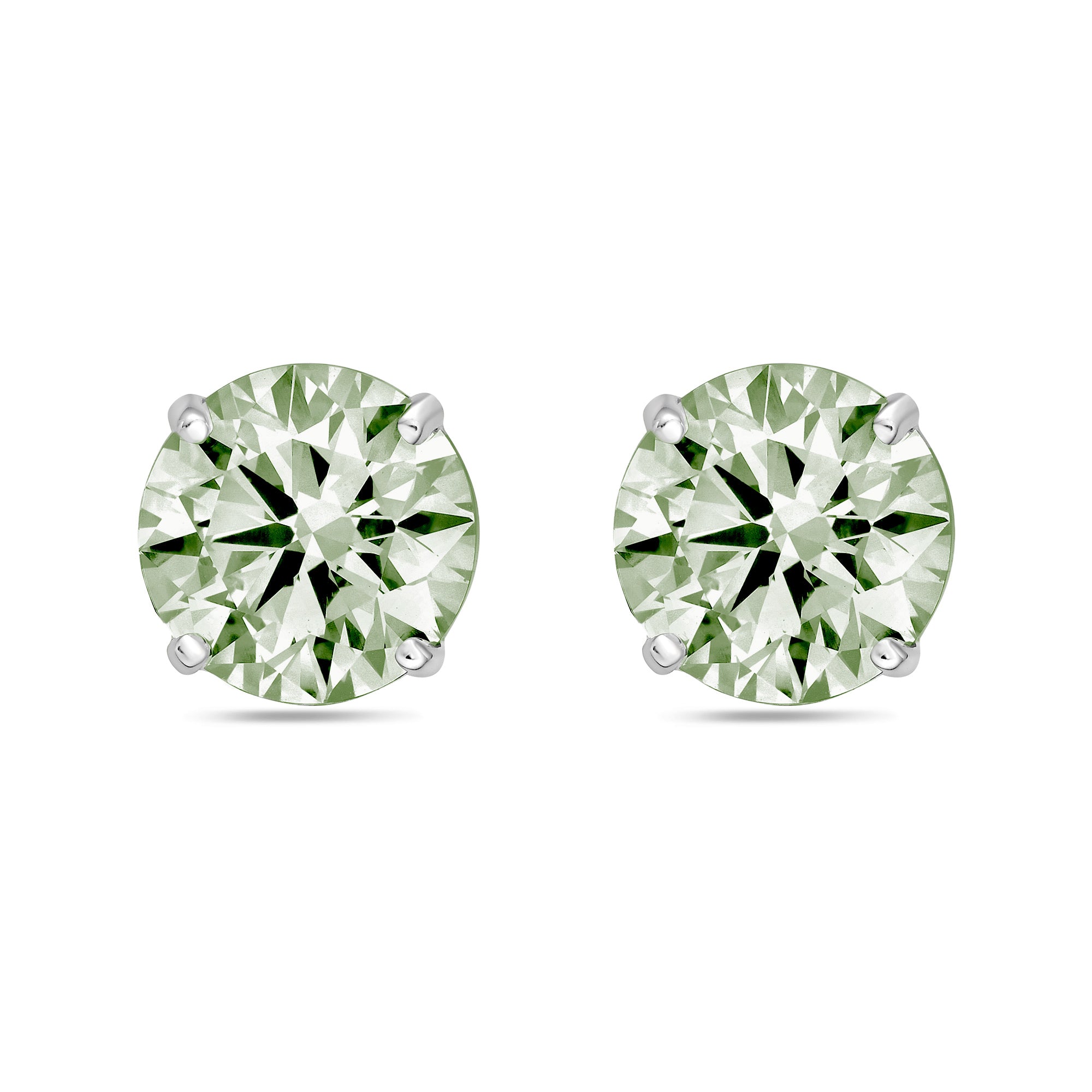 A pair of round-cut stud earrings with pale green gemstones in four-prong silver settings, shown on a clean white background.